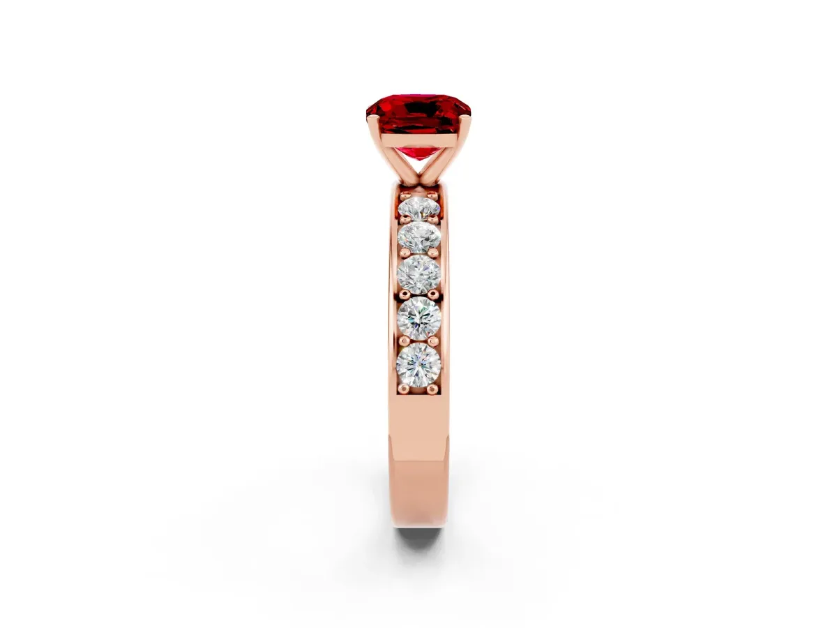 Cushion Cut Ruby Engagement Ring with Channel Set Round Band and Prong Setting Rose gold