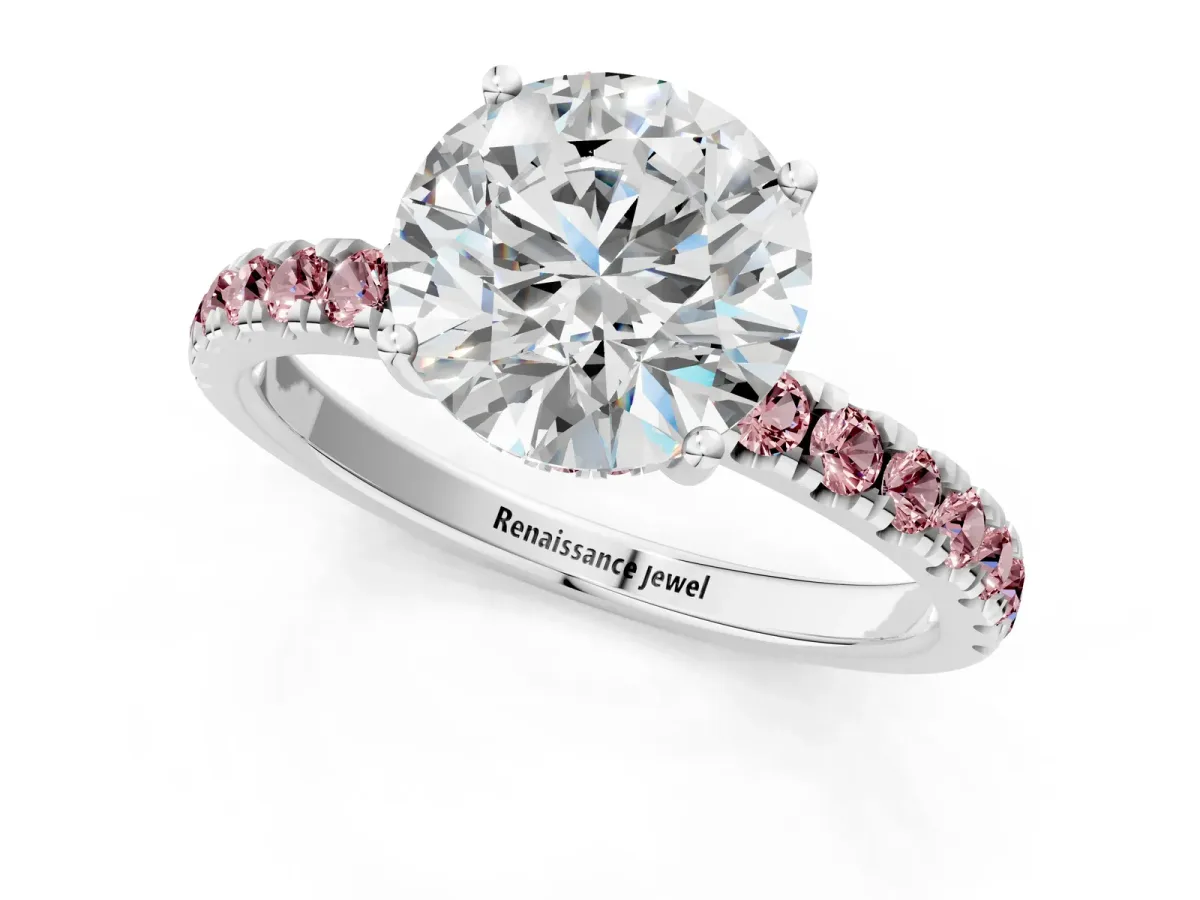 Round Cut Diamond Pave Band Solitaire Ring with Round Morganite and Prong Setting Silver