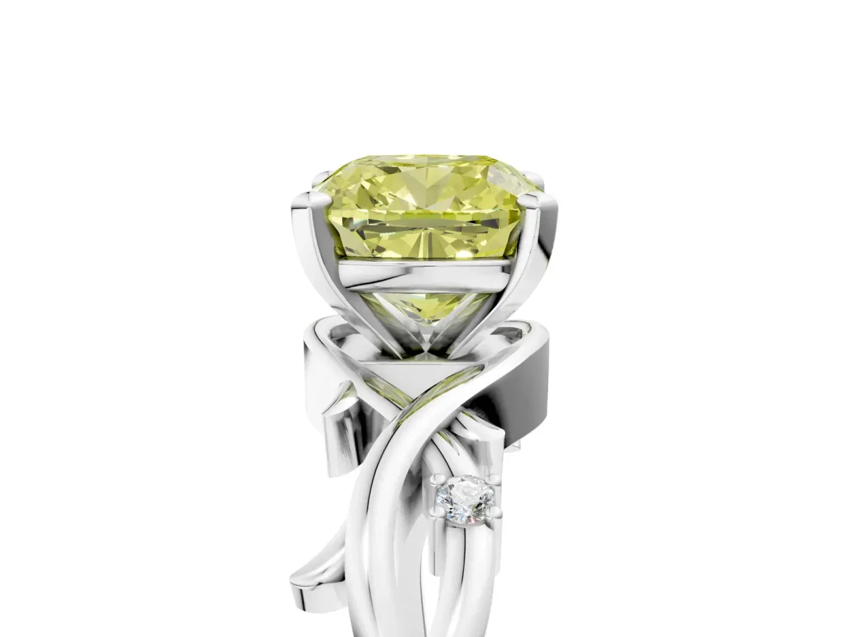 Fancy Yellow Cushion Cut Diamond Solitaire Ring with Twisted Band and Prong Setting Platinum