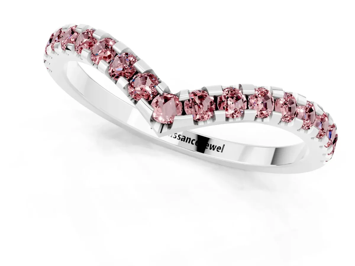Pavé Round Morganite Chevron Band with Shared Prong Setting White gold