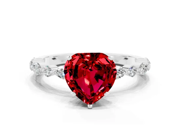 Heart Cut Ruby Ring with Marquise and Round Side Stones and Four-Prong Setting Platinum