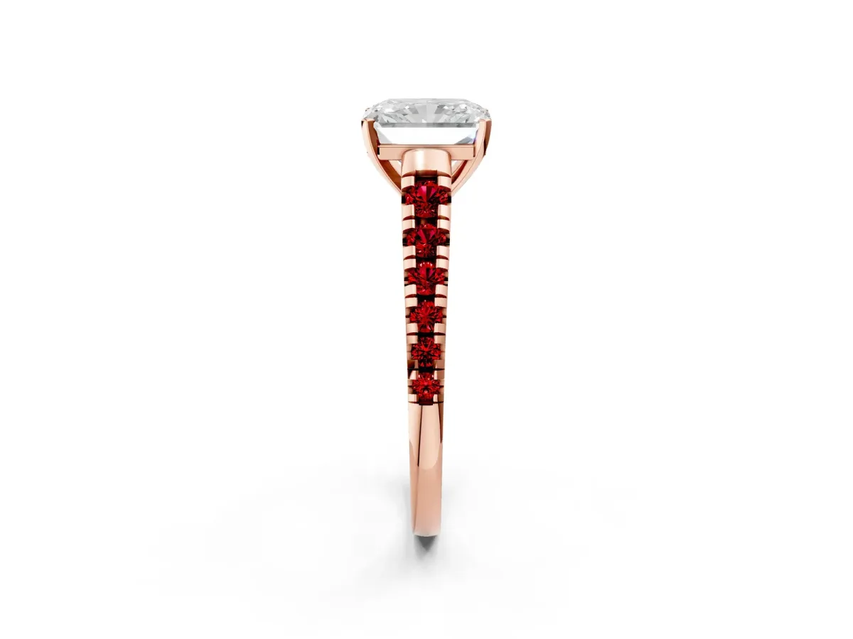 Radiant Cut Diamond Cathedral Solitaire Ring with Round Ruby Pavé Band Rose gold