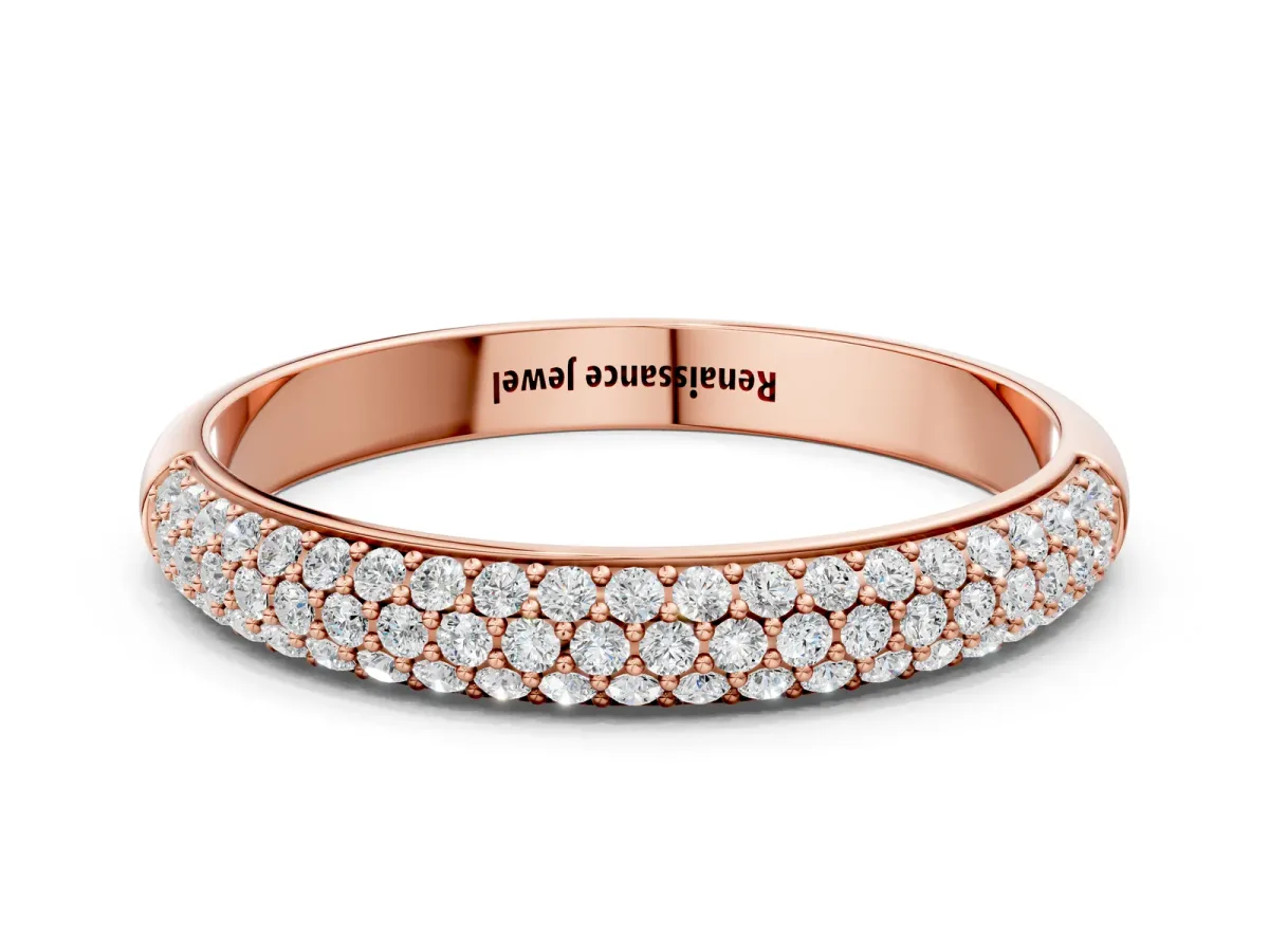 Three-Row Pave Round Diamond Eternity Band with Shared Prong Setting Rose gold