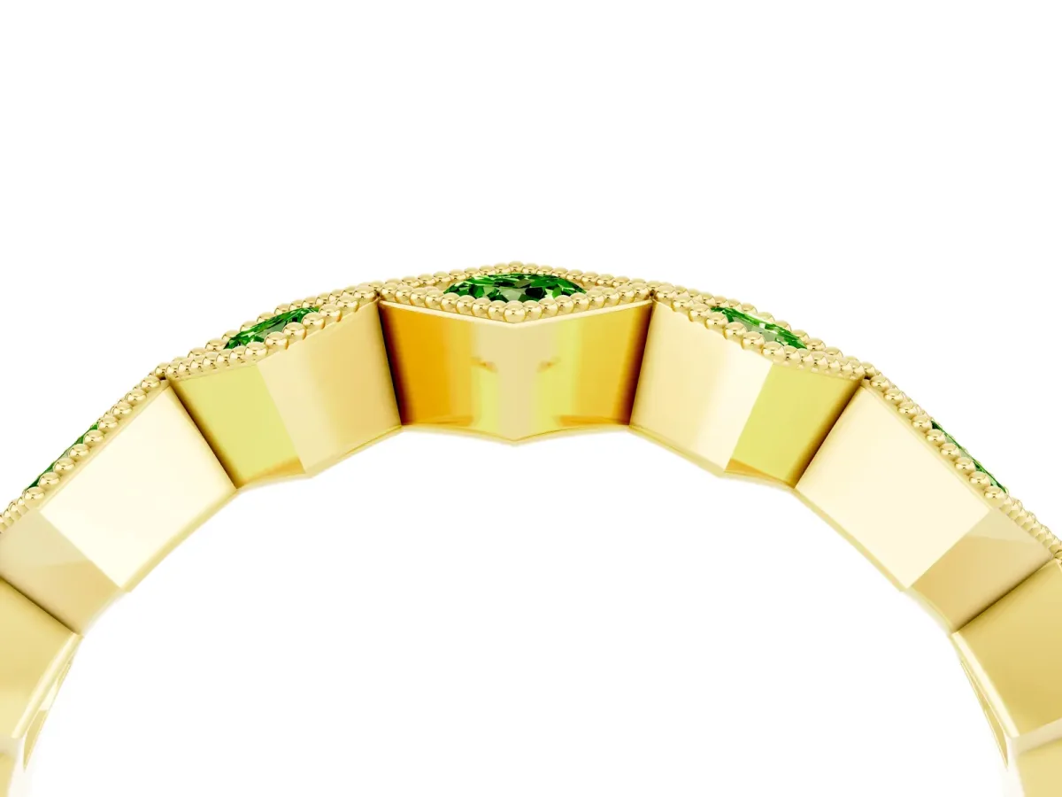 Milgrain Square Bezel Round Peridot Chevron Band Yellow gold