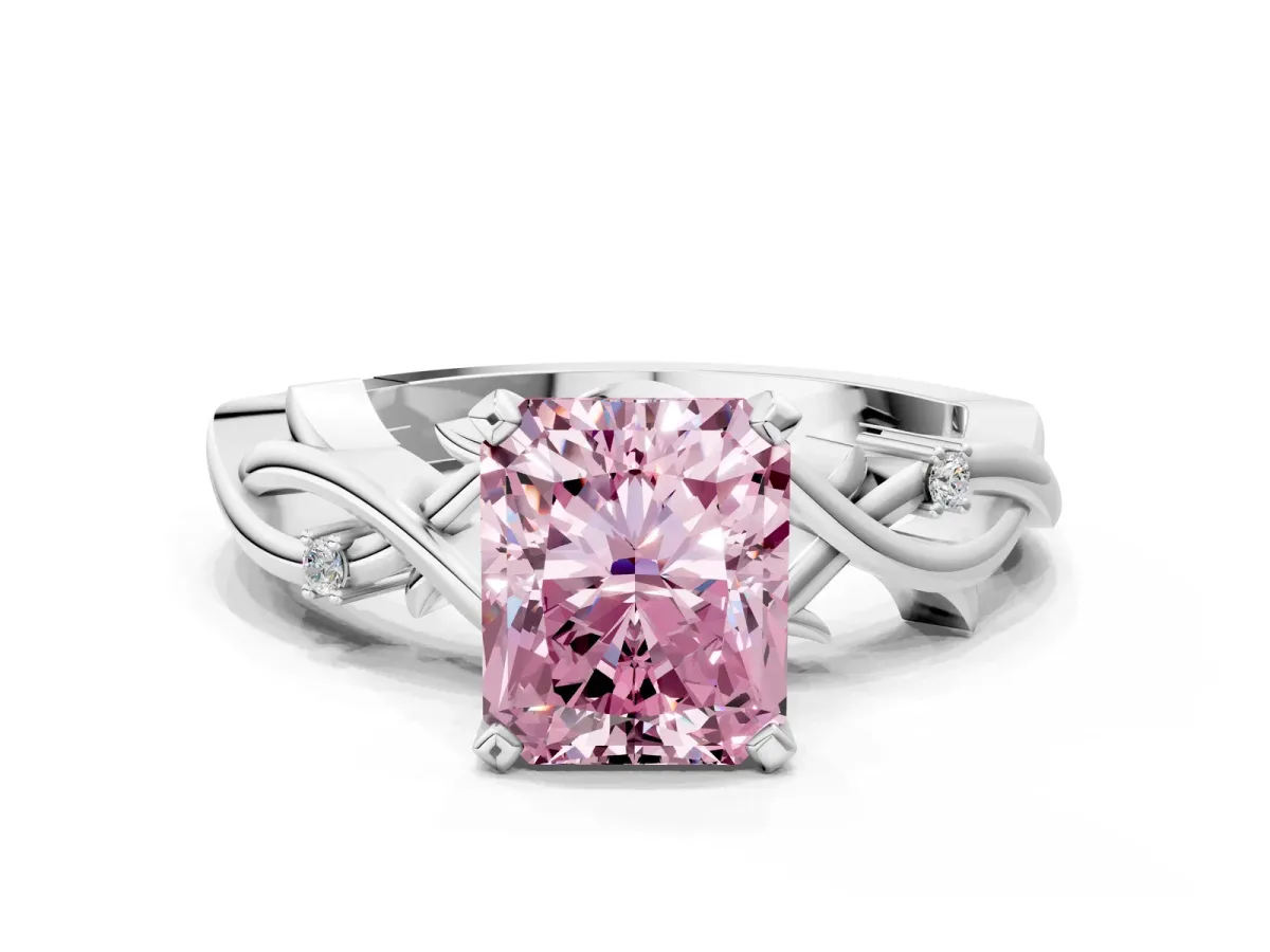 Fancy Pink Radiant Cut Diamond Solitaire Ring with Twisted Band and Prong Setting Platinum