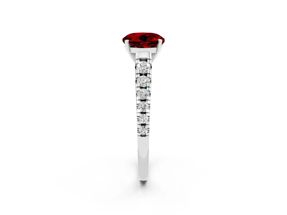 Round Cut Ruby Cathedral Solitaire Ring with Round Pavé Band Silver