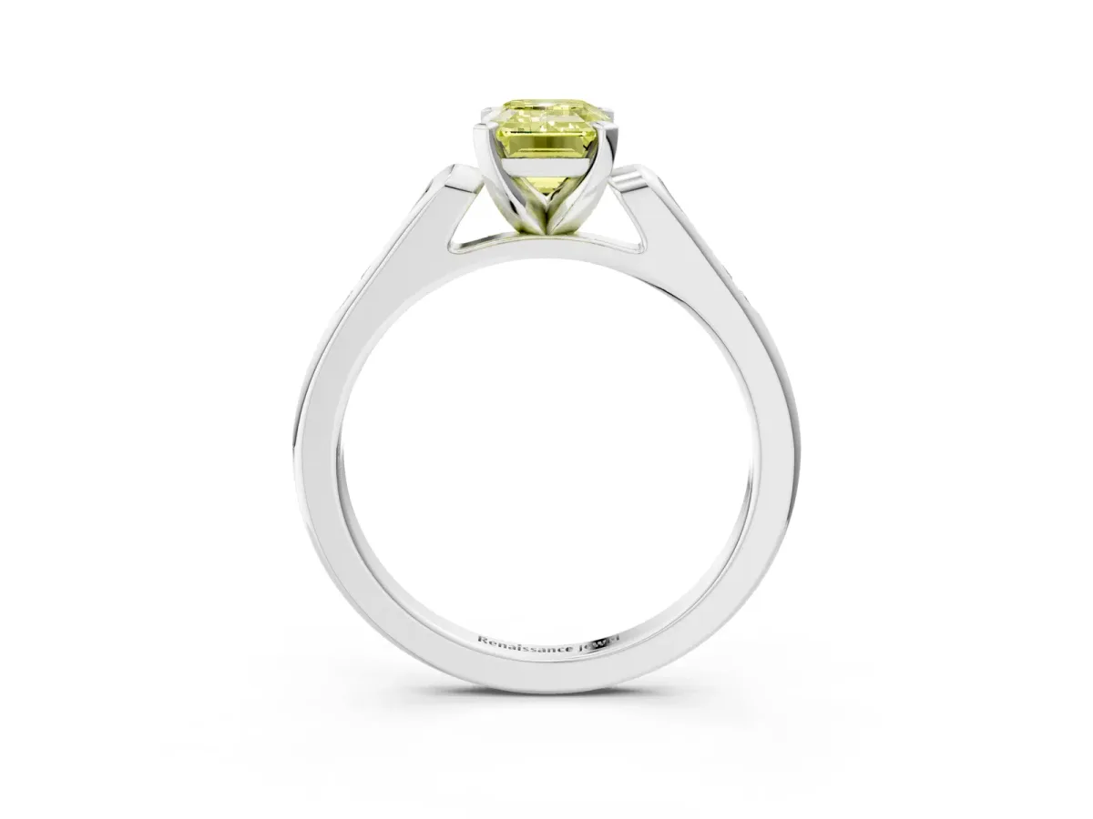 Fancy Yellow Emerald Cut Diamond Solitaire Ring with Channel Set Round Band and Prong Setting Silver