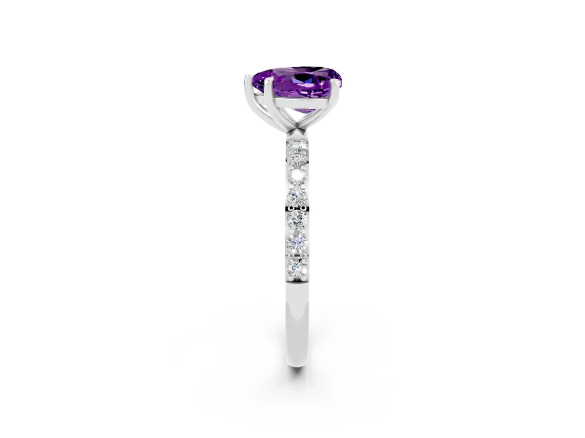 Heart Cut Amethyst Solitaire Ring with Round Pavé Band and Prong Setting Silver