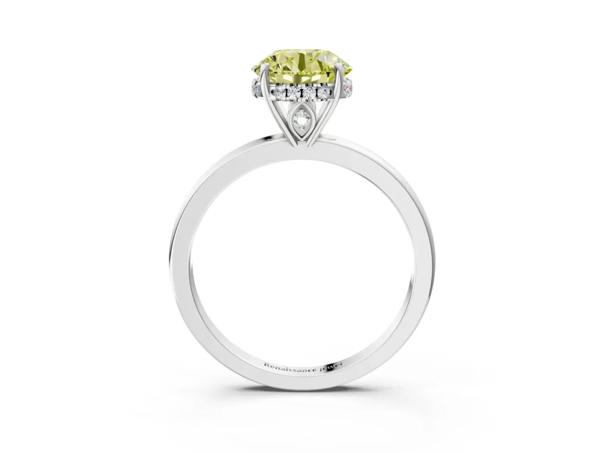 Fancy Yellow Round Cut Solitaire Diamond Ring with Prong Setting and Plain Band Platinum
