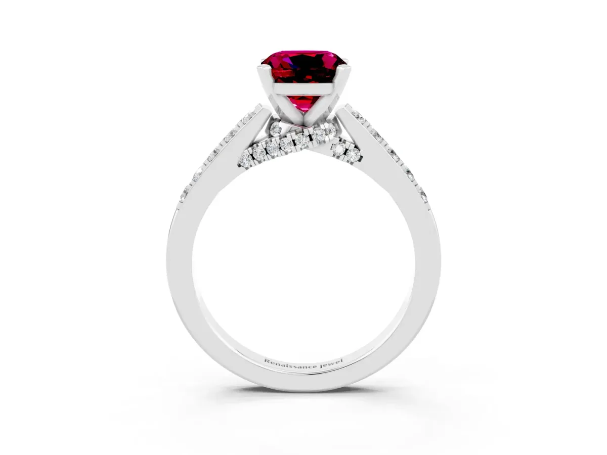 Cushion Cut Garnet Solitaire Ring with Crossover Gallery and Round Pavé Band Silver