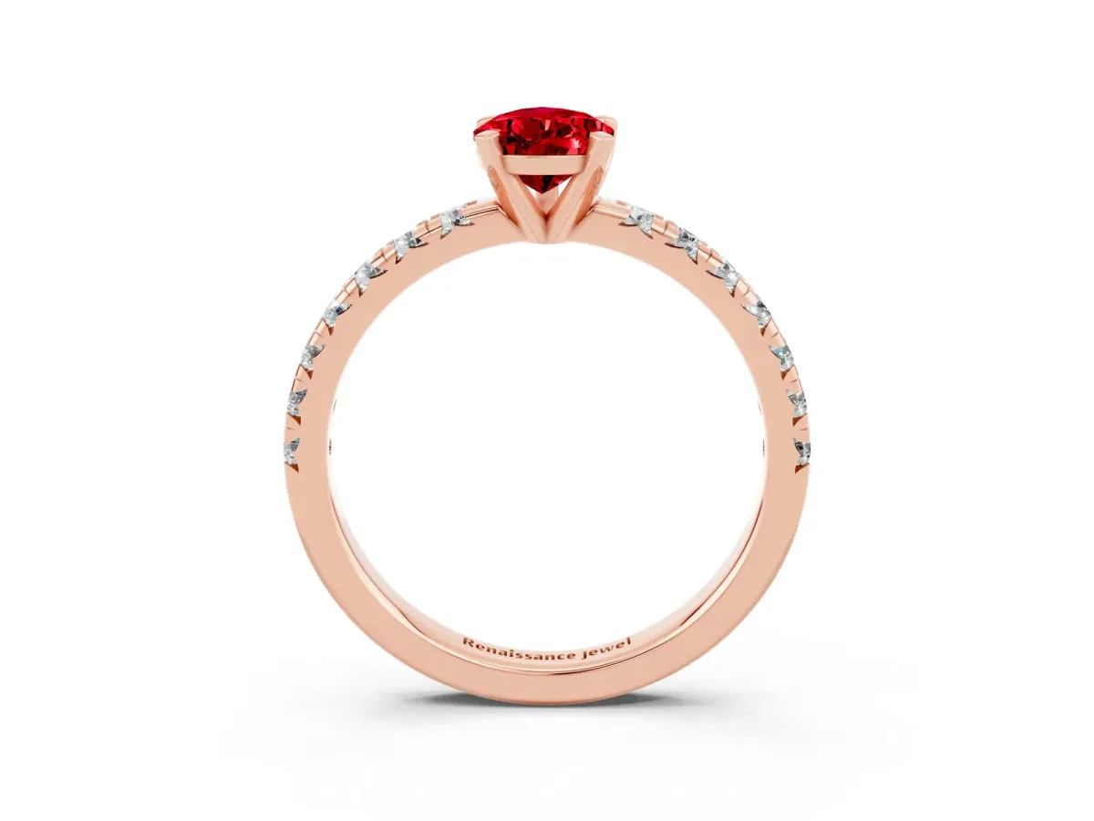 Pear Cut Ruby Solitaire Pavé Engagement Ring with Round Band and Prong Setting Rose gold