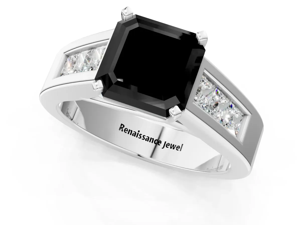 Fancy Black Asscher Cut Cut Channel Set Solitaire Ring with Four-Prong Setting Silver
