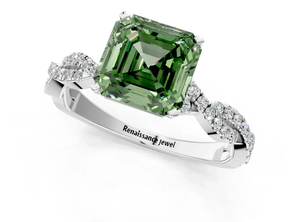 Fancy Green Asscher Cut Solitaire Twisted Pave Band with Four-Prong Setting Platinum