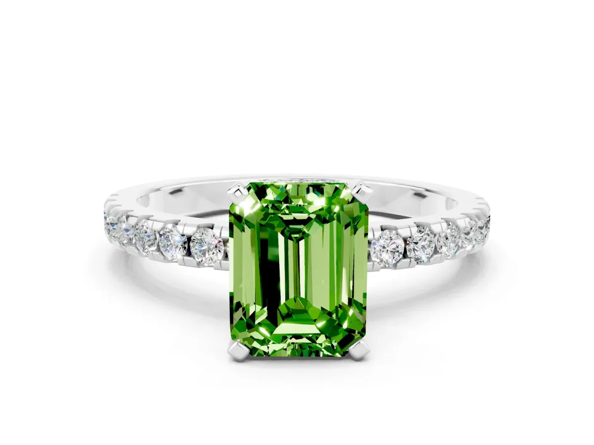Emerald Cut Peridot Solitaire Ring with Round Pavé Band and Four-Prong Setting Silver