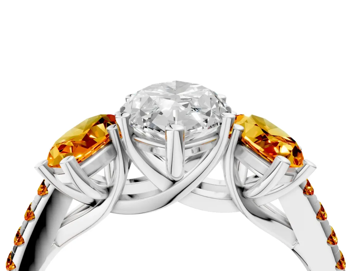 Three-Stone Marquise Cut Diamond Ring with Round Citrine Pavé Band and Prong Setting Silver