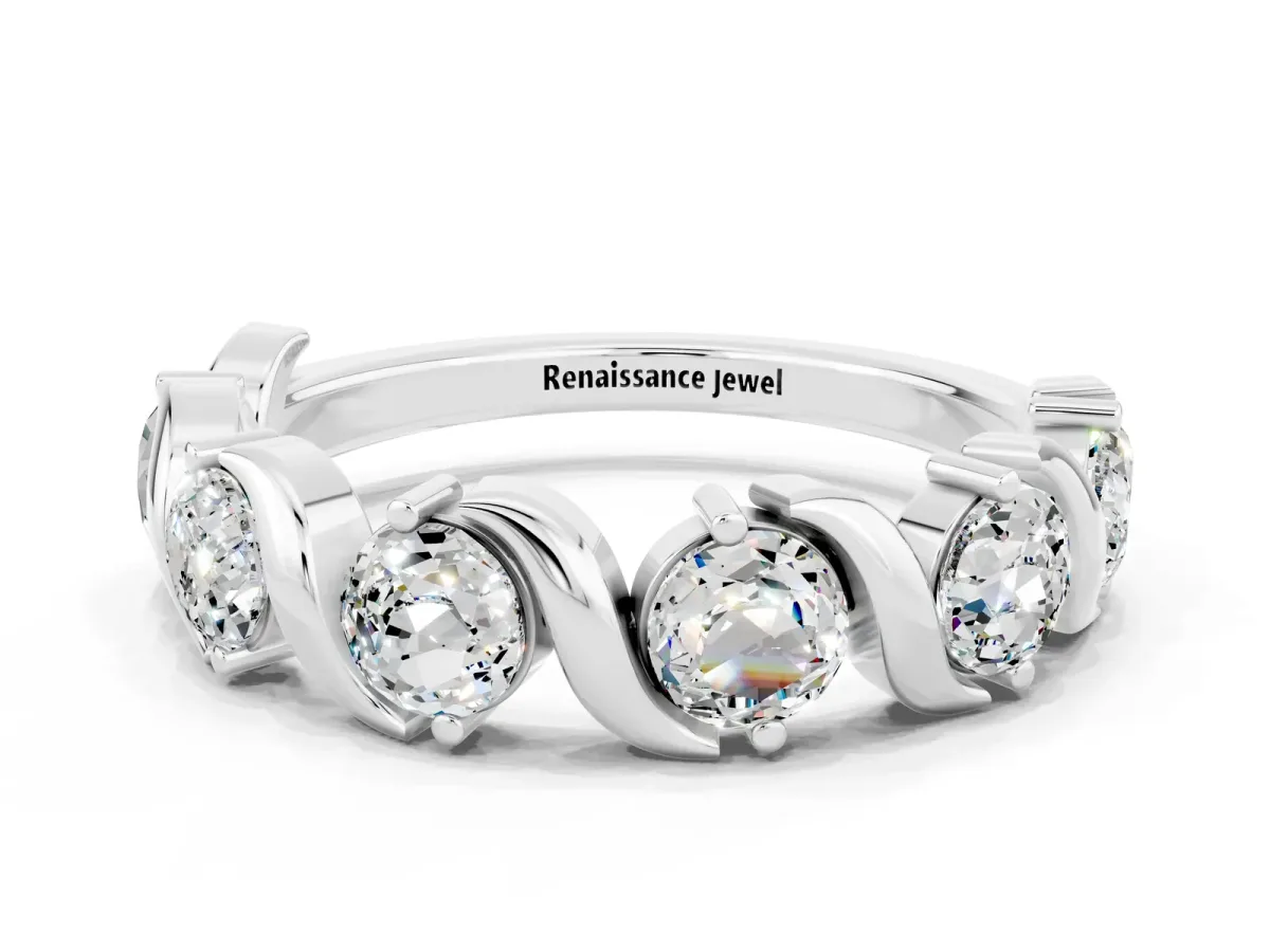 Round Moissanite Half Eternity Band with Wave Prong Setting White gold