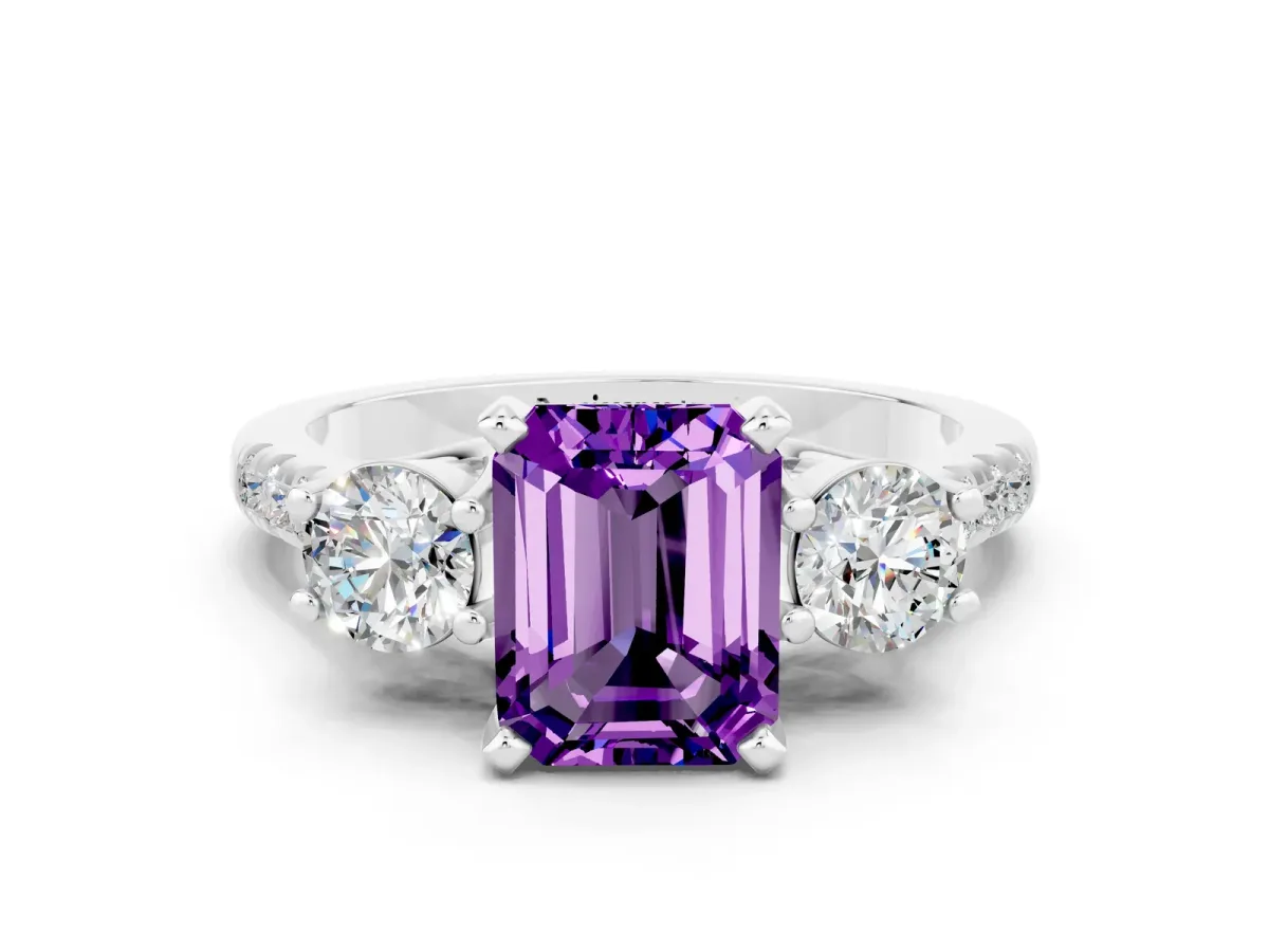 Three-Stone Emerald Cut Amethyst Pavé Band with Four-Prong Setting Silver