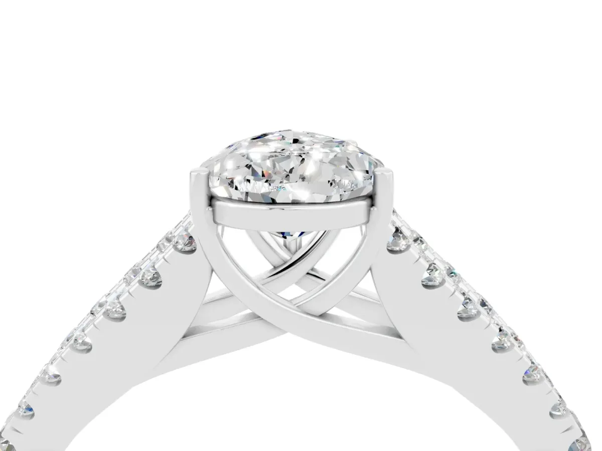 Pear Cut Moissanite Split Shank Engagement Ring with Round Pavé and Prong Setting Platinum