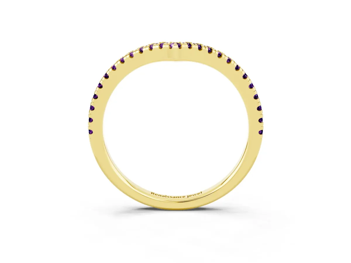 Pavé Round Amethyst V-Shaped Chevron Band with Shared Prong Setting Yellow gold