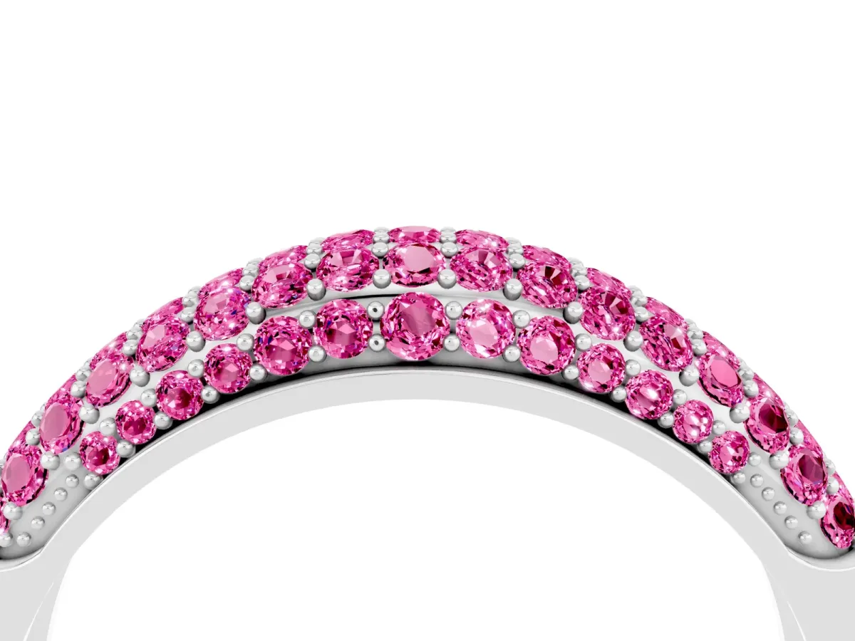 Three-Row Pavé Round Pink Sapphire Dome Band Platinum