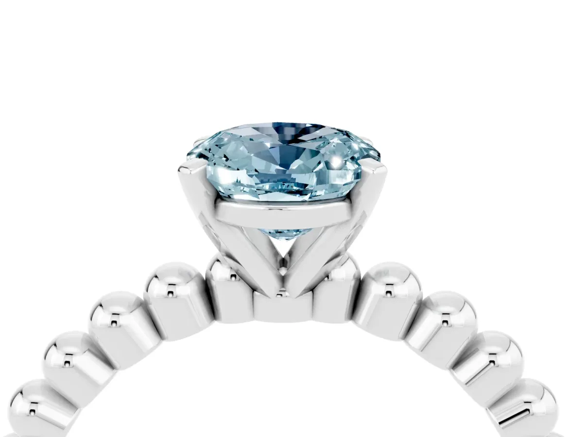 Oval Cut Aquamarine Solitaire Ring with Beaded Band and Prong Setting Platinum
