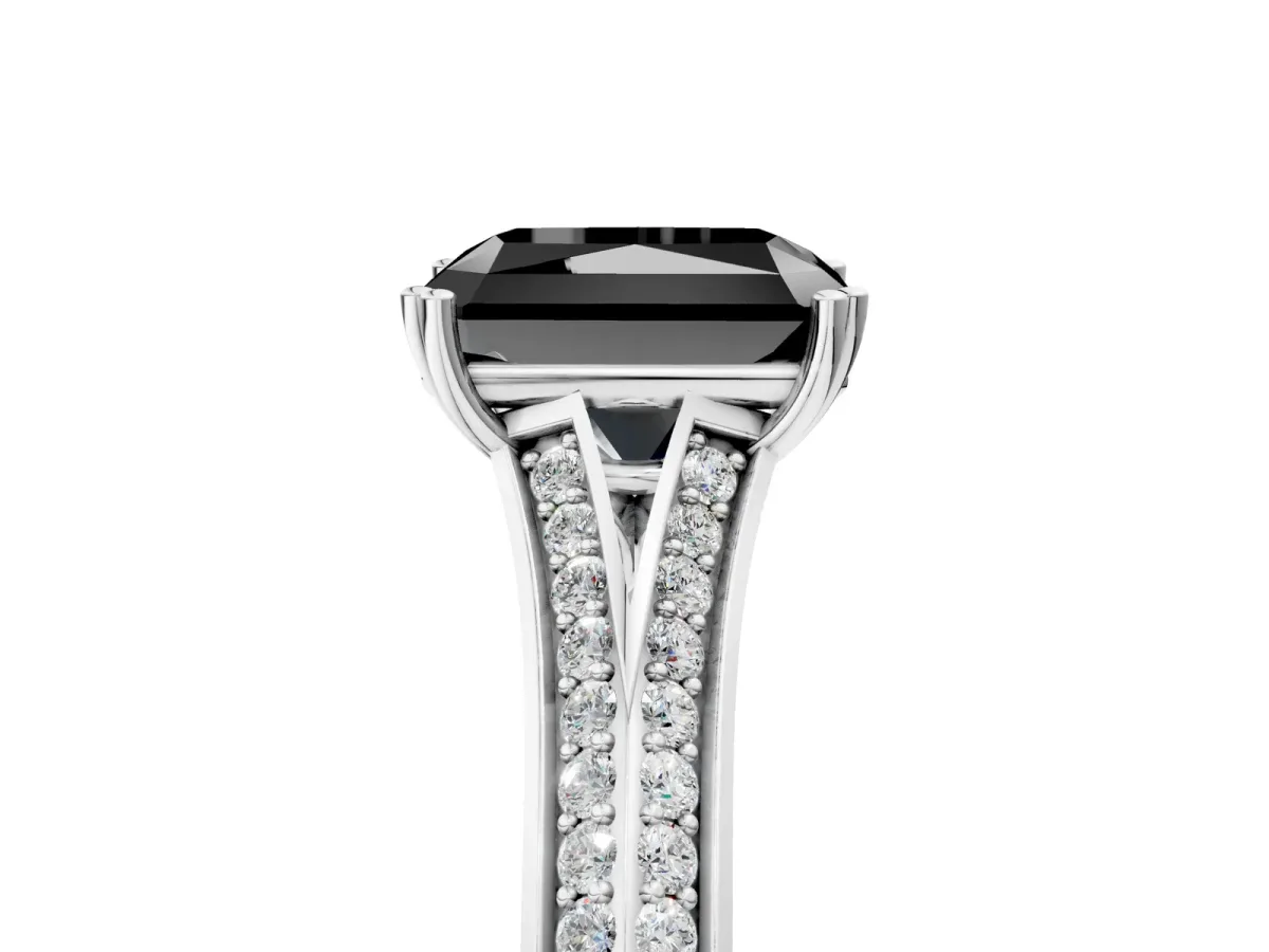 Fancy Black Radiant Cut Diamond Split Shank Engagement Ring with Pavé Band Platinum