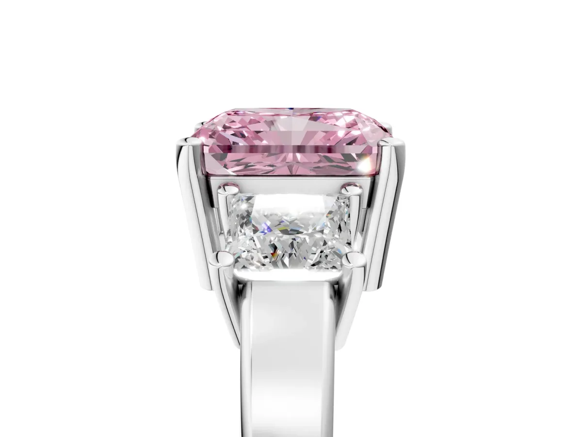 Fancy Pink Three-Stone Radiant Cut Cut Solitaire Ring with Prong Setting Platinum