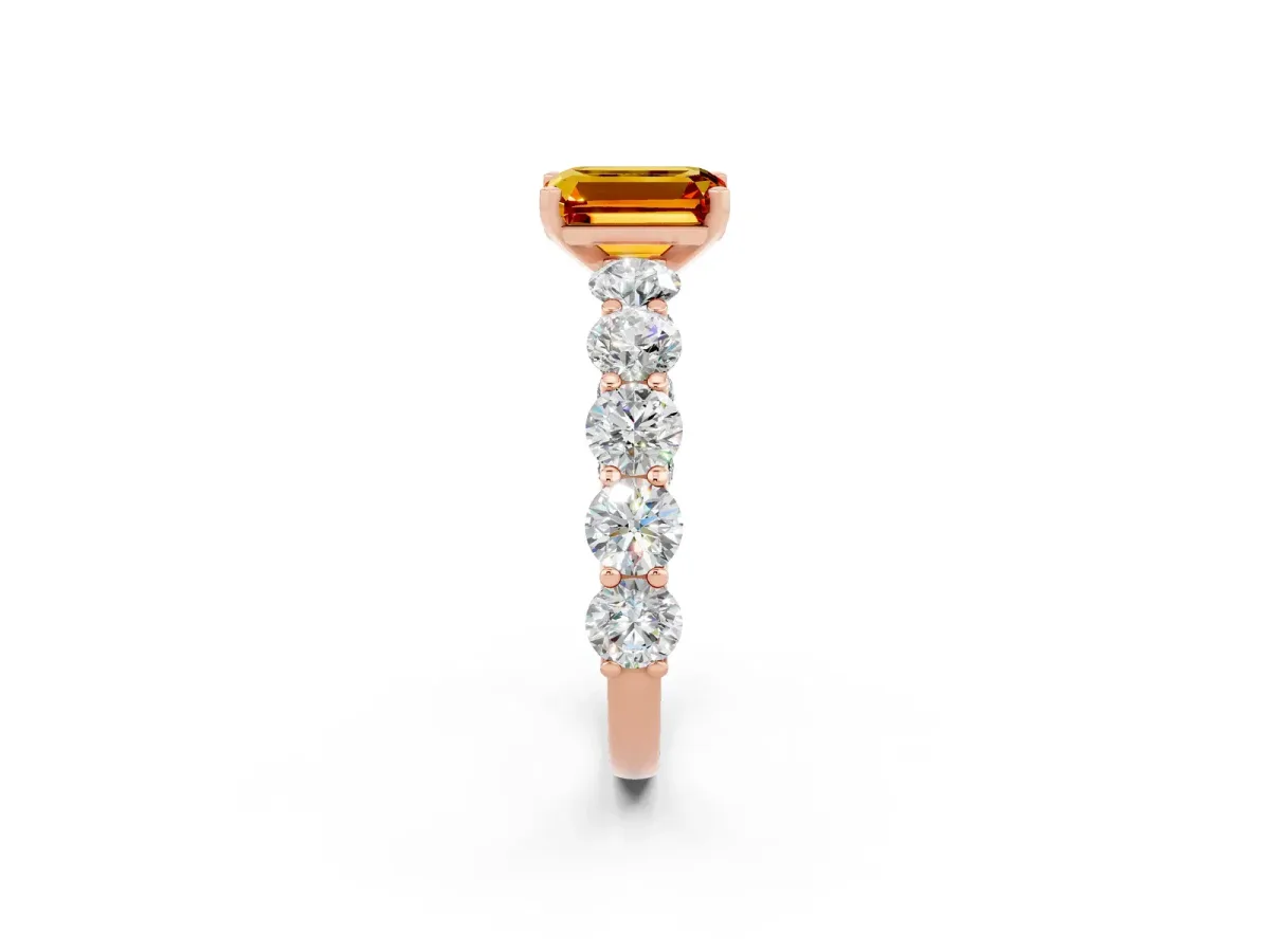 Emerald Cut Citrine Prong Setting with Side Stones on a Pave Band Rose gold