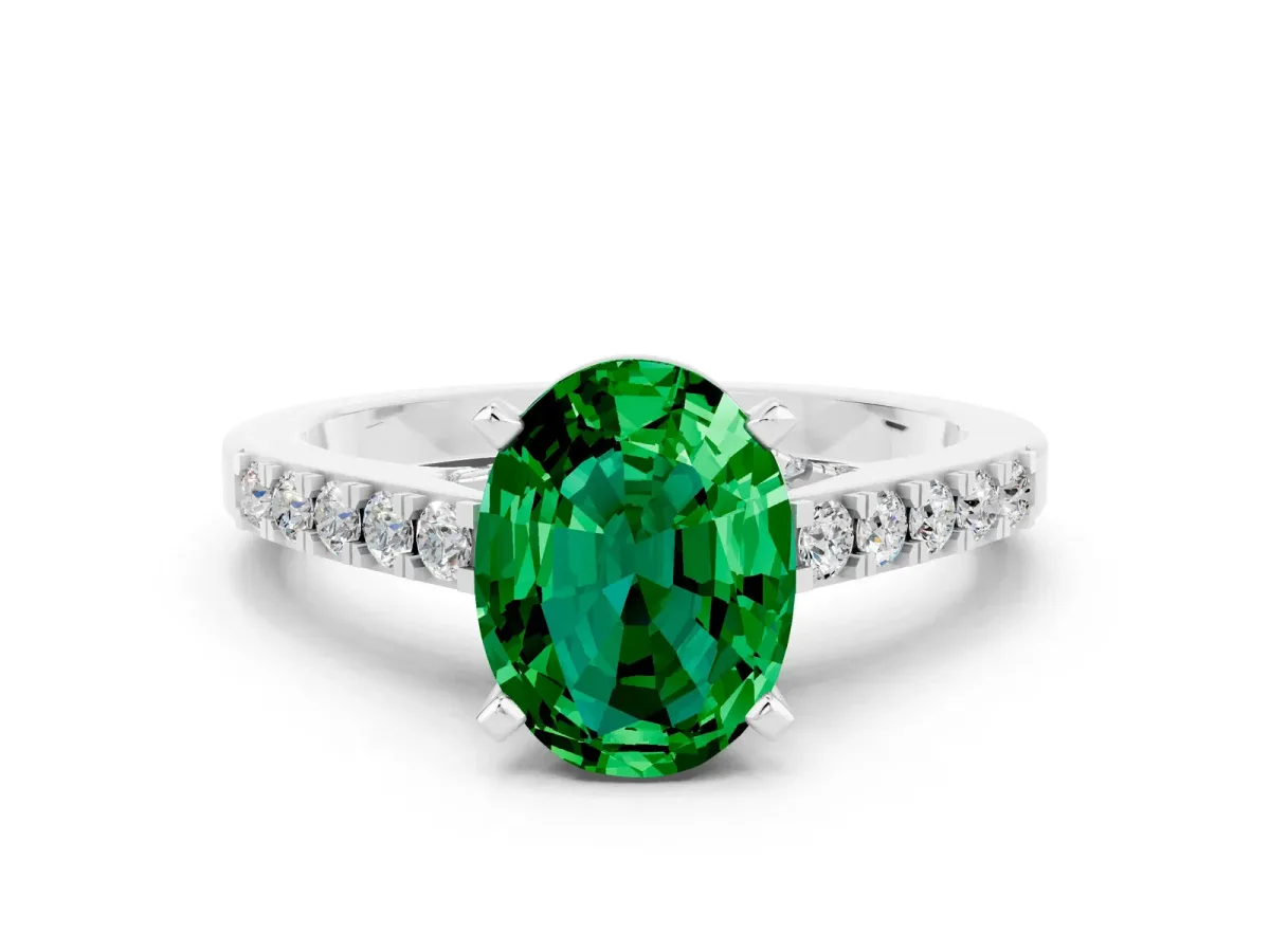 Oval Cut Emerald Solitaire Ring with Crossover Gallery and Round Pavé Band Platinum