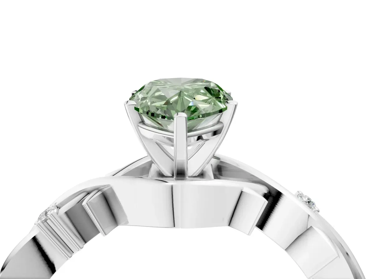 Fancy Green Pear Cut Diamond Solitaire Ring with Twisted Band and Prong Setting Silver