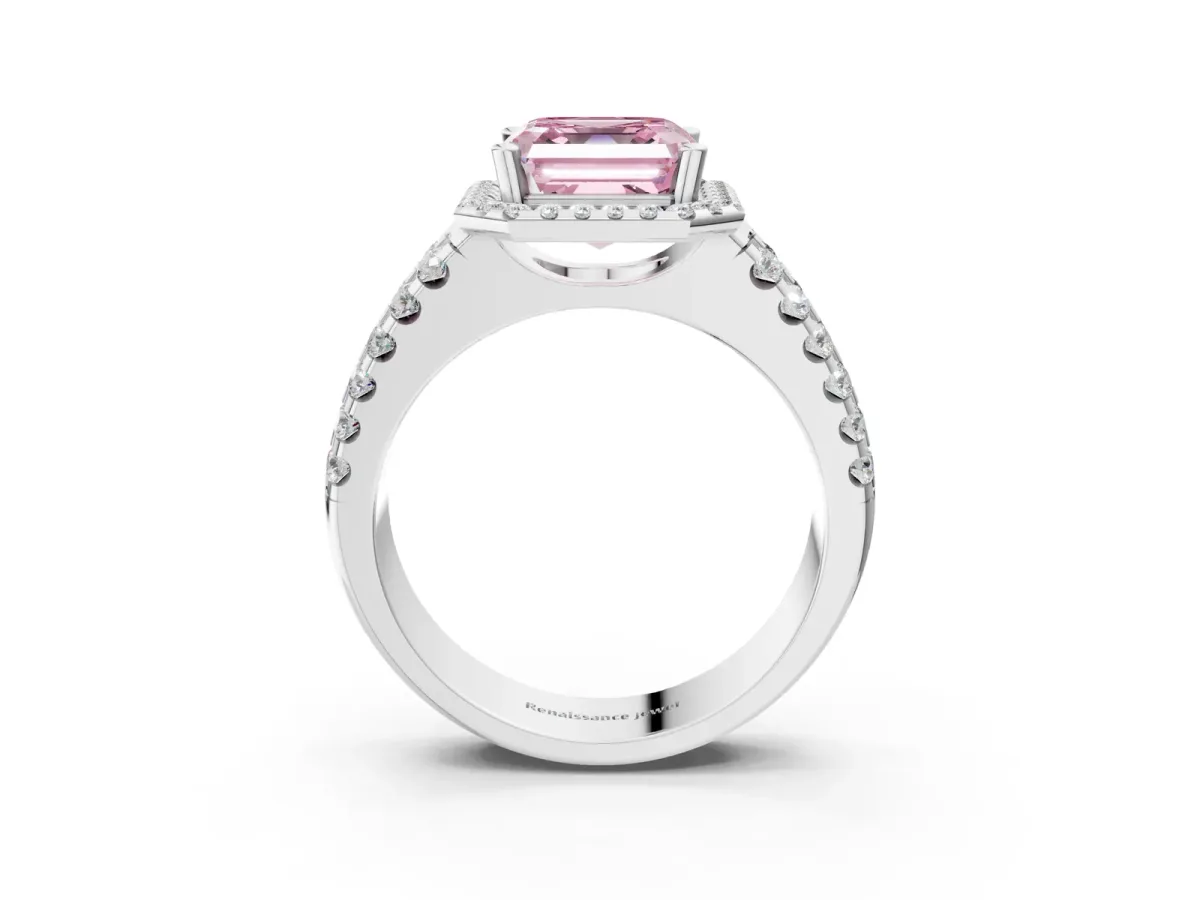 Fancy Pink Asscher Cut Halo Diamond Split Shank Engagement Ring with Prong Setting Platinum