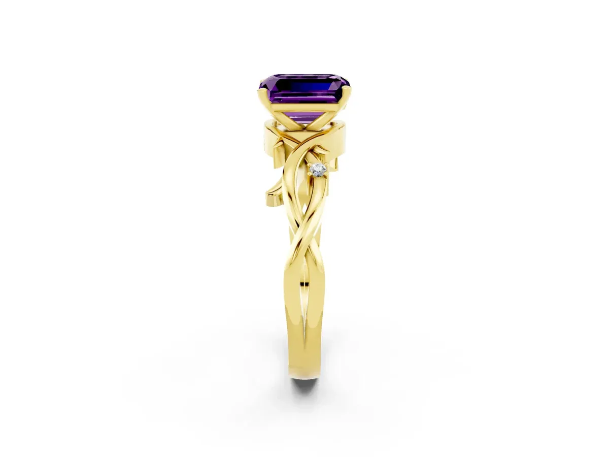 Emerald Cut Amethyst Solitaire Ring with Twisted Band and Prong Setting Yellow gold