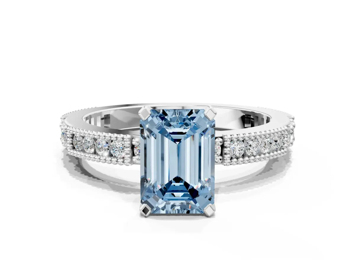 Fancy Blue Emerald Cut Solitaire with Pavé Band and Four-Prong Setting Silver