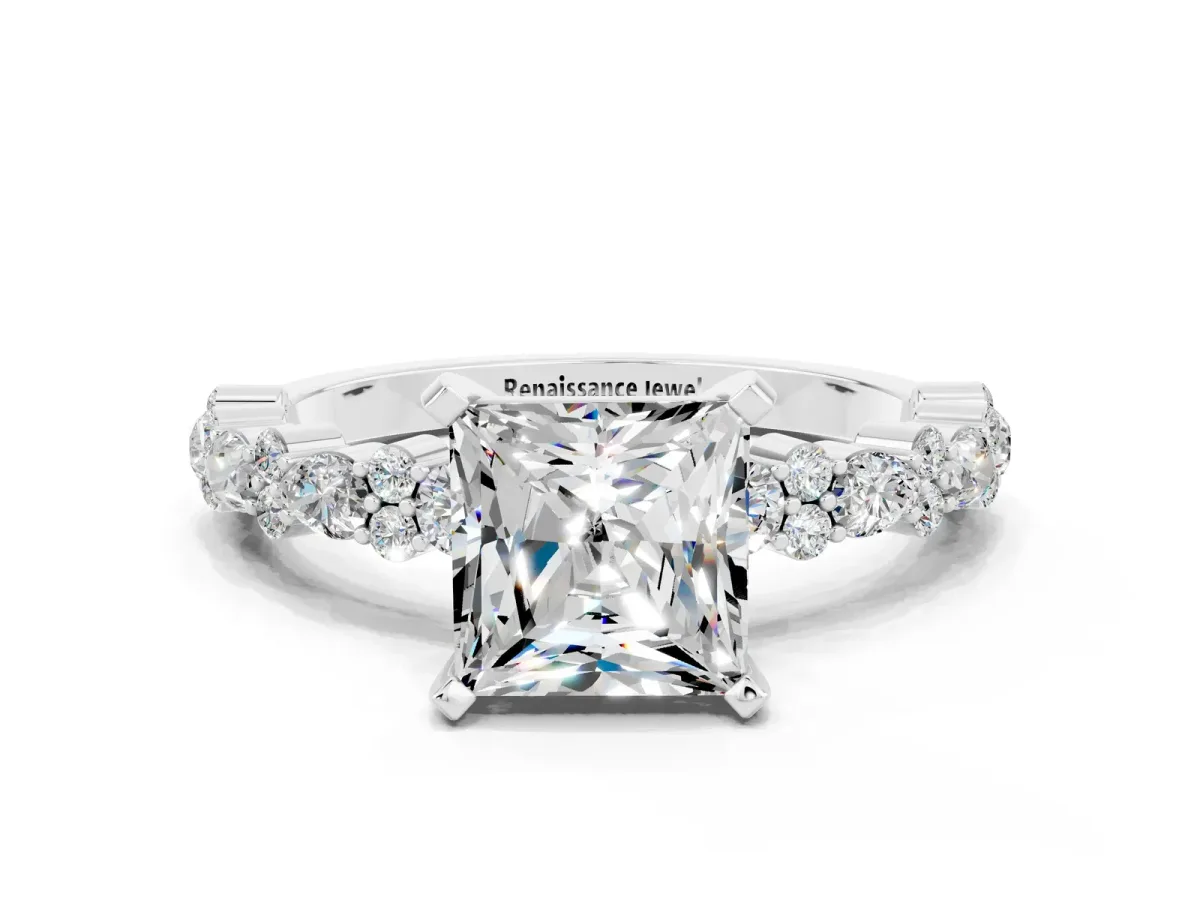 Princess Cut Moissanite Side Stone Solitaire Ring with Round and Four-Prong Setting Silver