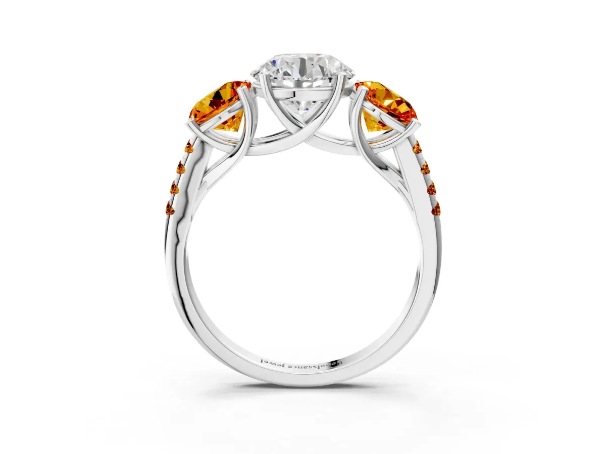 Three-Stone Round Cut Diamond Ring with Round Citrine Pavé Band and Prong Setting Silver