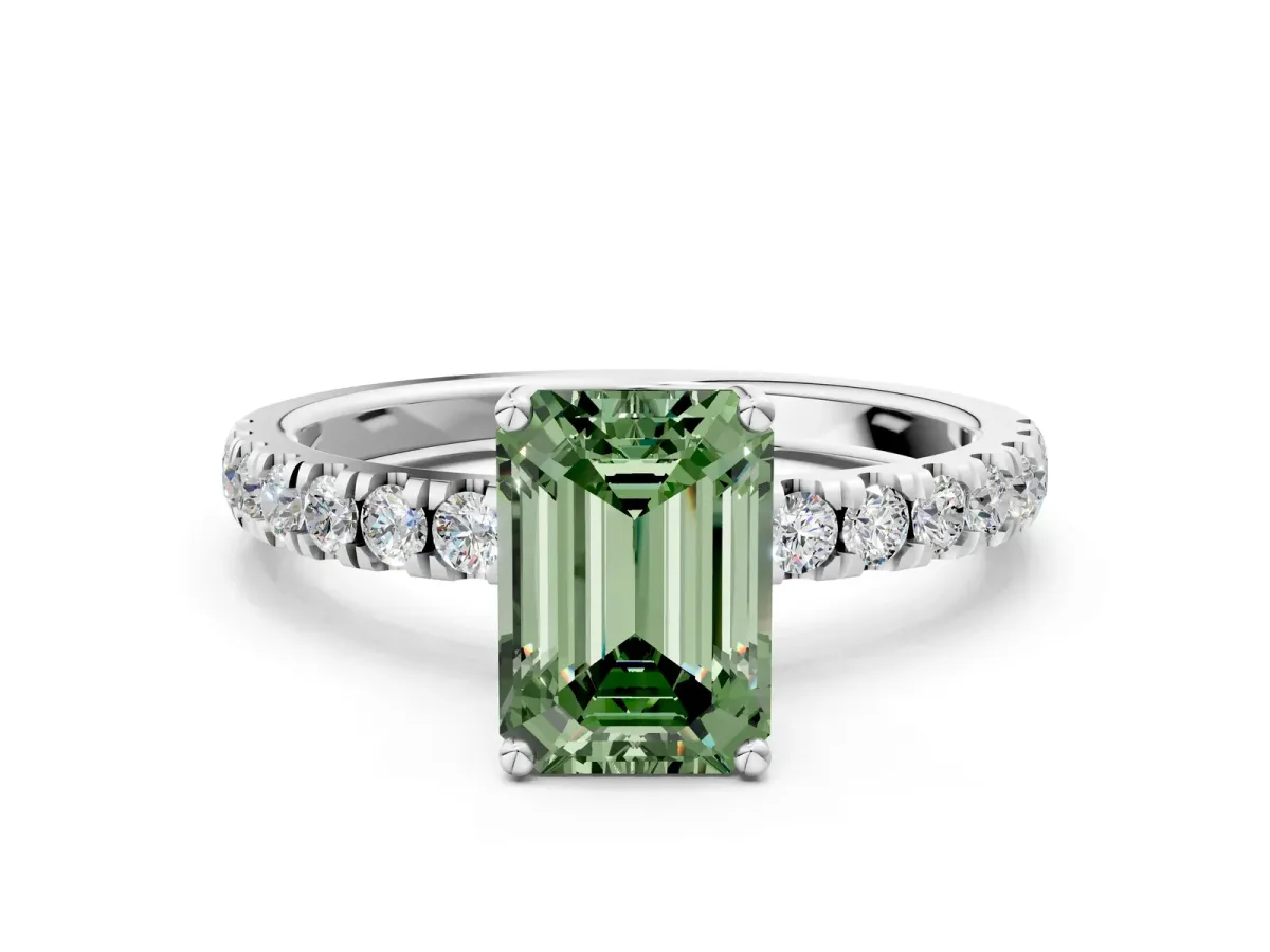 Fancy Green Emerald Cut Diamond Pave Band Solitaire Ring with Round and Prong Setting Platinum