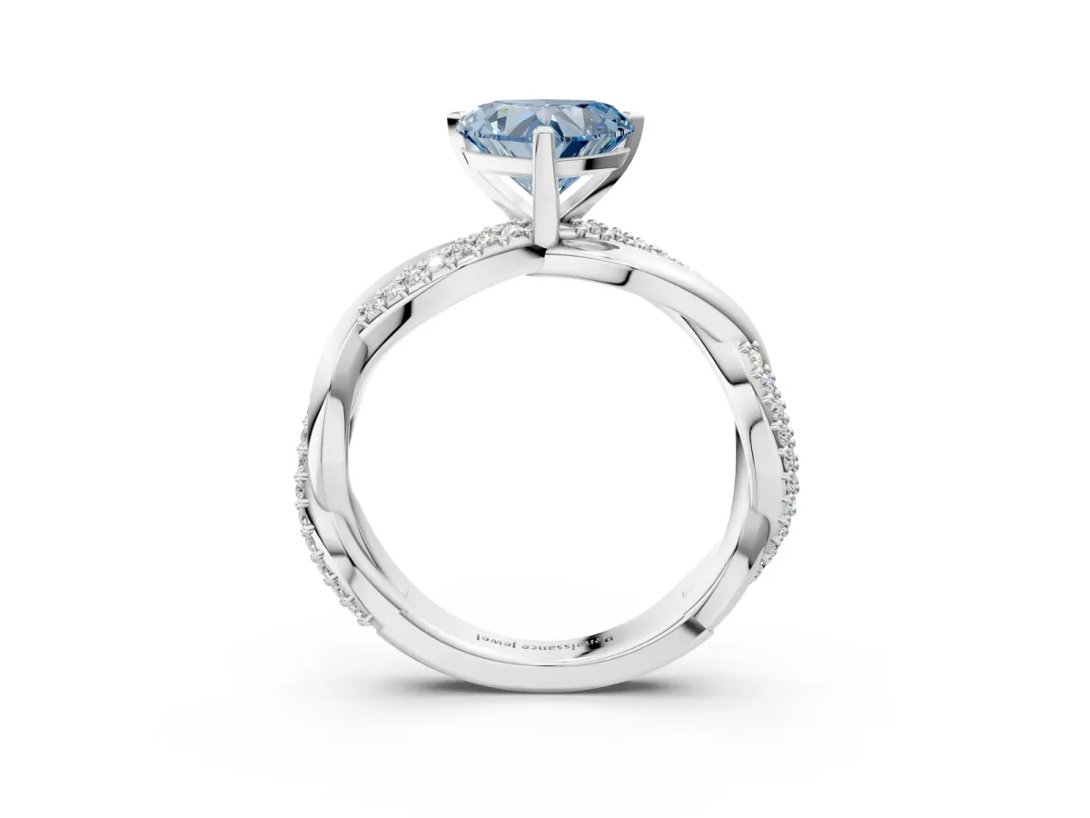 Fancy Blue Heart Cut Solitaire Twist Band with Pave Prong Setting Platinum