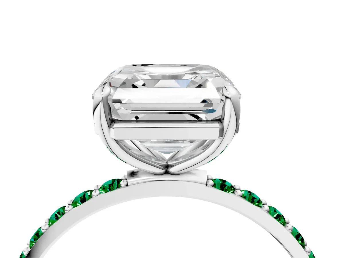 Asscher Cut Diamond Solitaire Ring with Round Emerald Pavé Band and Prong Setting Silver