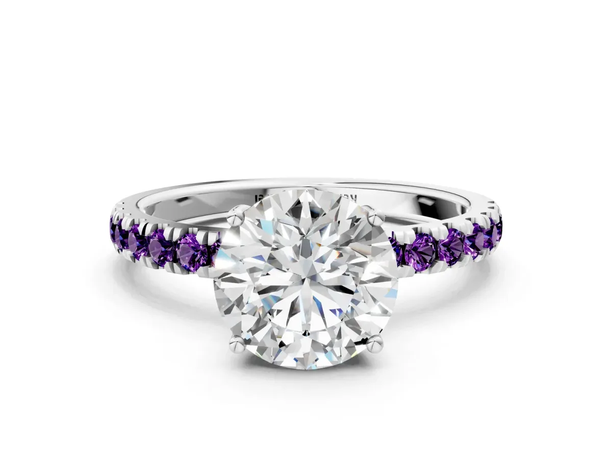 Round Cut Diamond Pave Band Solitaire Ring with Round Amethyst and Prong Setting Silver
