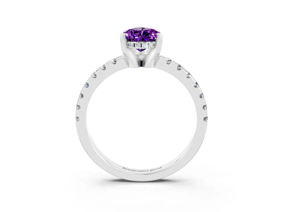 Pear Cut Amethyst Solitaire Ring with Round Pavé Band and Four-Prong Setting Silver