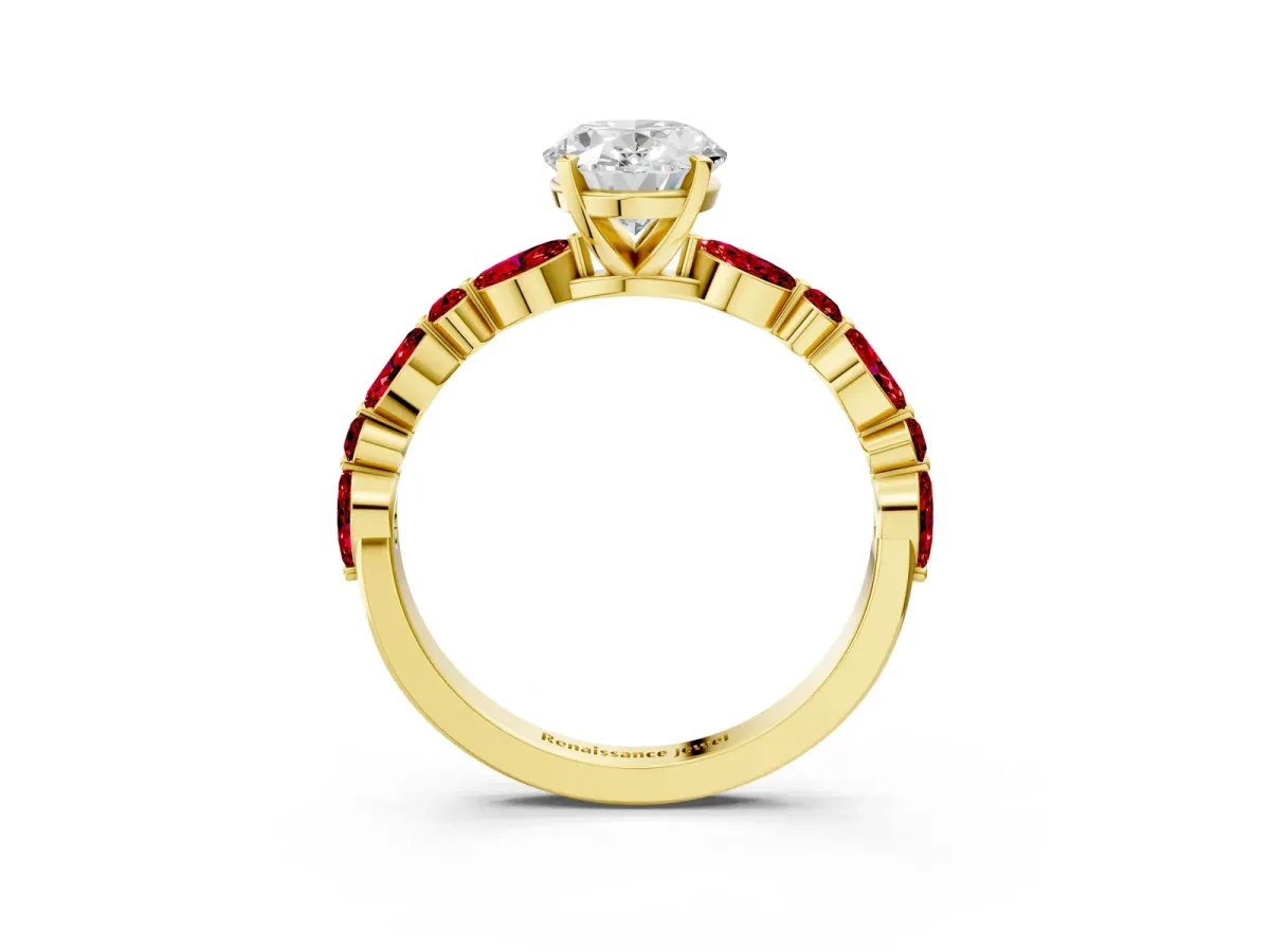 Oval Cut Diamond Ring with Marquise and Round Ruby Side Stones and Four-Prong Setting Yellow gold