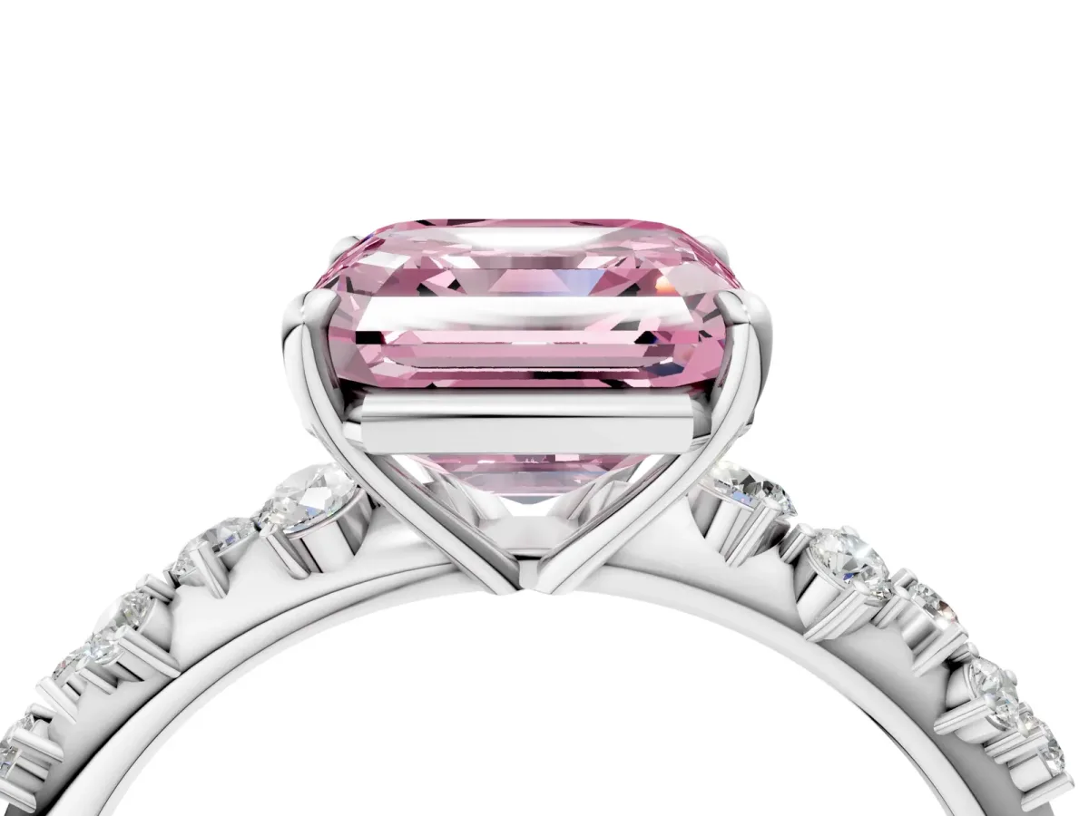 Fancy Pink Asscher Cut Diamond Cluster Side Stone Solitaire Ring with Prong Setting Platinum