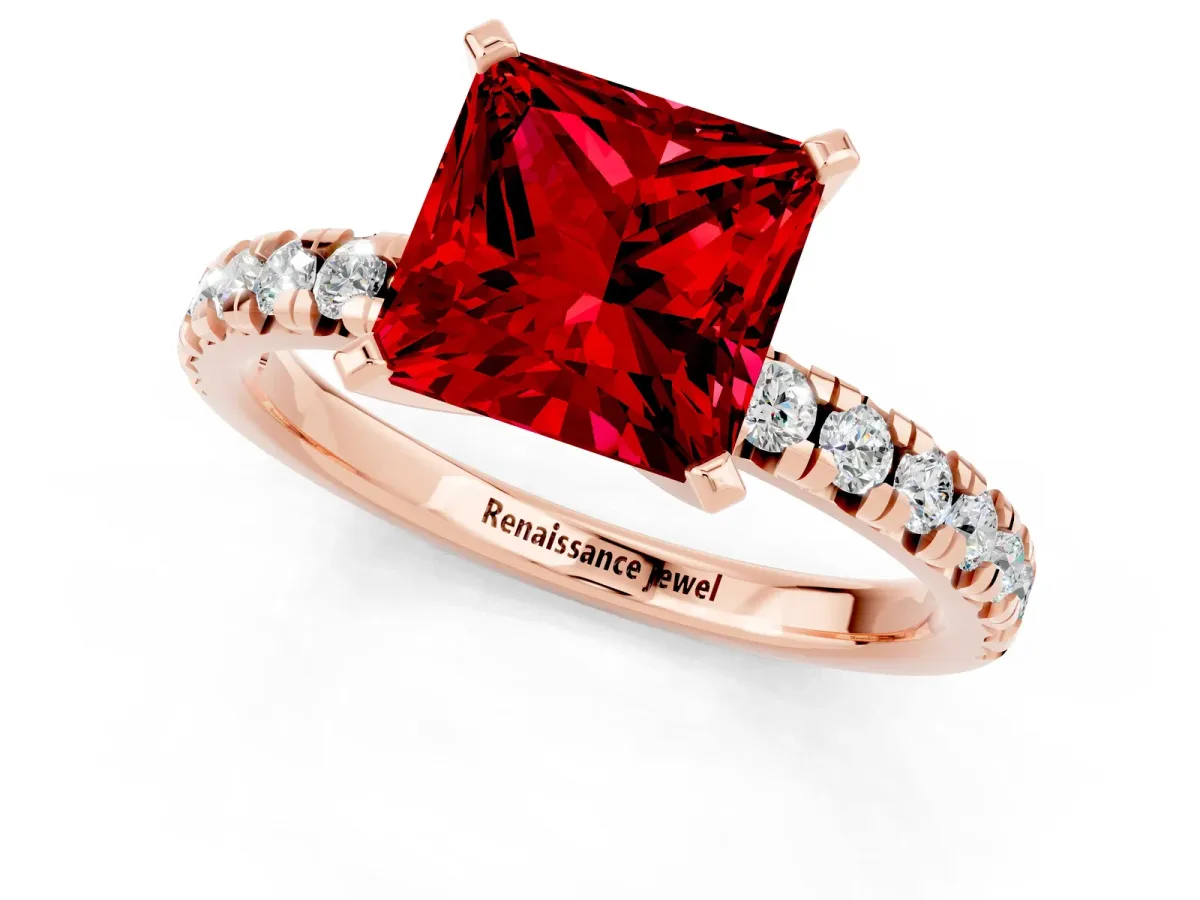 Princess Cut Ruby Solitaire Pavé Engagement Ring with Round Band and Prong Setting Rose gold