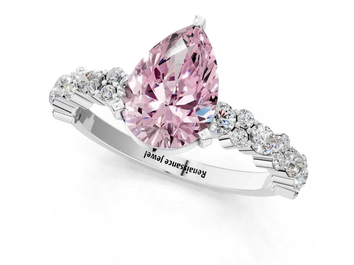 Fancy Pink Pear Cut Diamond Side Stone Solitaire Ring with Round and Four-Prong Setting White gold