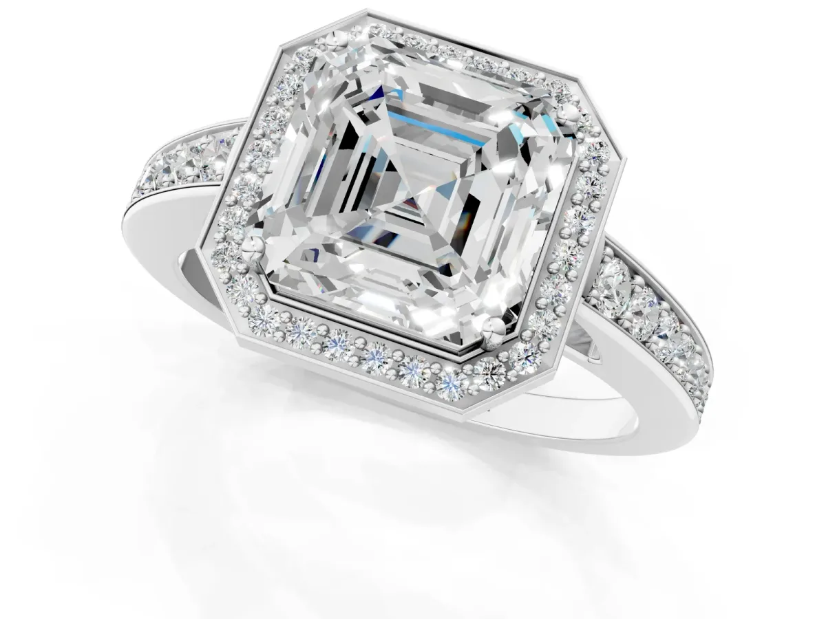 Asscher Cut Halo Pavé Diamond Engagement Ring with Bezel Setting Silver