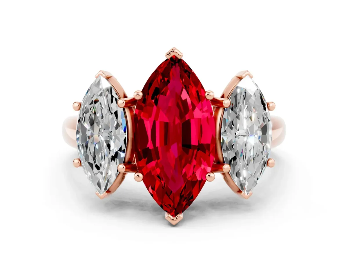 Three-Stone Marquise Cut Ruby Engagement Ring with Prong Setting Rose gold