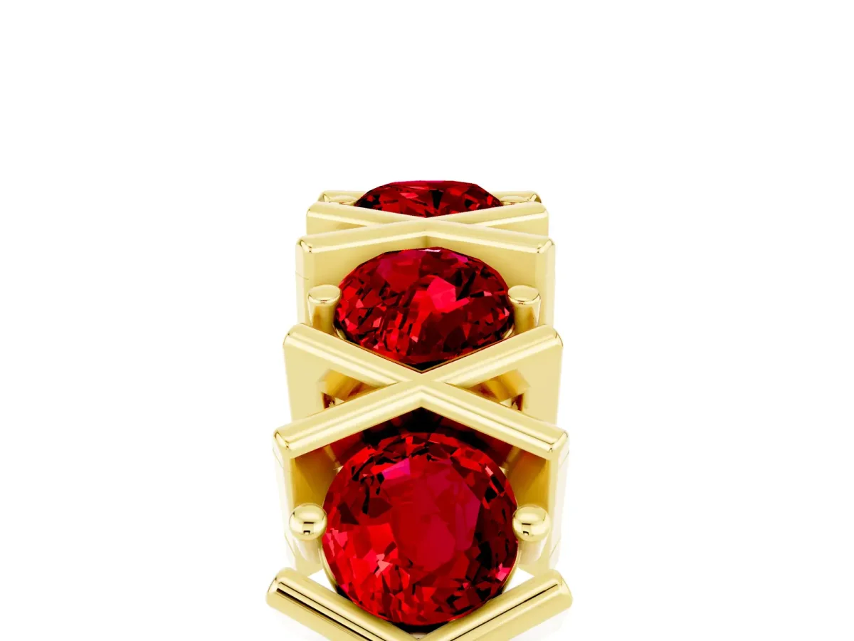 Round Ruby Channel Set Band with X-Prong Detail Yellow gold