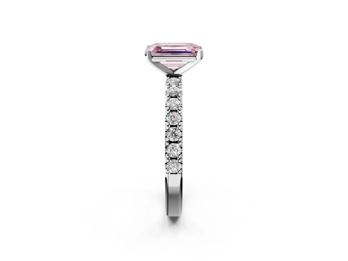 Fancy Pink Emerald Cut Diamond Solitaire Pavé Band with Four-Prong Setting Platinum