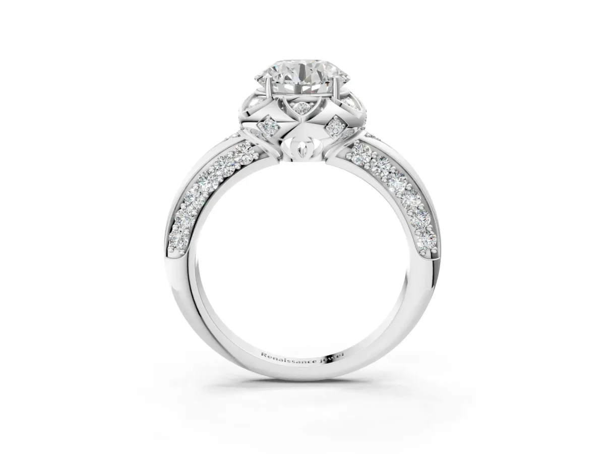 Round Cut Halo Split Shank Pave Diamond Ring with Petal Prong Setting Platinum