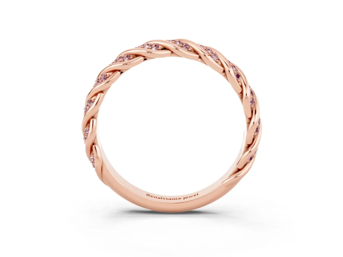 Twisted Pavé Round Morganite Eternity Band with Shared Prong Setting Rose gold